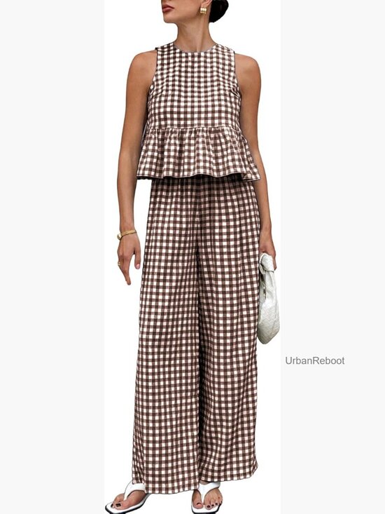 Pants - Womens Sleeveless Ruffle Tank and Wide Leg Pants Lounge Set Summer Matching 2